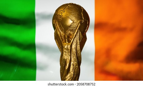 October 6, 2021, Dublin, Ireland. FIFA World Cup against the background of the flag of Ireland.
