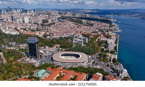 OCTOBER 6, 2021, Istanbul, Turkey : Bird's-eye Overhead View Of Vodafone Park Besiktas JK Stadium Arena And Dolmabahce Palace Mosque In Istanbul With Aerial View Of The Bosphorus Urban Neighborhood