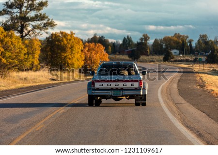 October 8,, 2018, USA - Dodge Pickup truck drives in Southern Colorado near Chama New Mexico
