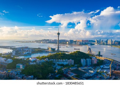 October 9, 2020:Aerial view of the Bay of Zhuhai and Macao, China