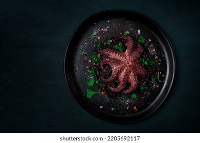 Octopus With Black Spaghetti, Pasta, Spices And Herbs, Top View, No People,