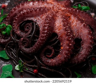 Octopus With Black Spaghetti, Pasta, Spices And Herbs, Top View, No People,