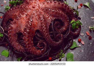 Octopus With Black Spaghetti, Pasta, Spices And Herbs, Top View, No People,