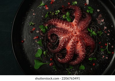 Octopus With Black Spaghetti, Pasta, Spices And Herbs, Top View, No People,