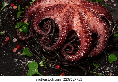 Octopus With Black Spaghetti, Pasta, Spices And Herbs, Top View, No People,