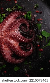 Octopus With Black Spaghetti, Pasta, Spices And Herbs, Top View, No People,