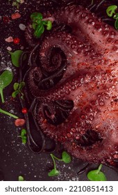 Octopus With Black Spaghetti, Pasta, Spices And Herbs, Top View, No People,