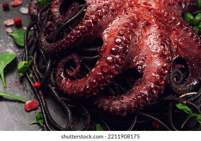 Octopus With Black Spaghetti, Pasta, Spices And Herbs, Top View, No People,