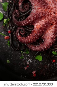 Octopus With Black Spaghetti, Pasta, Spices And Herbs, Top View, No People,