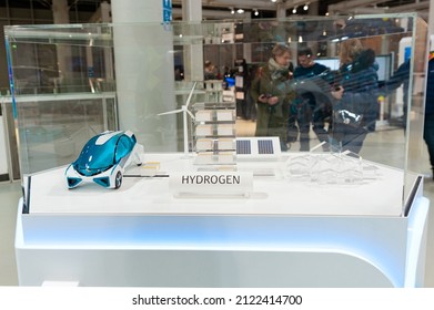 Odaiba, Tokyo, Japan, Toyota Showcase Mega Web Palette Town - January 2, 2020: Toyota Futuristic Concept Hydrogen Car: FCV Plus. Toyota Prototype Concept Car. Acrylic Display Miniature.