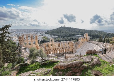 The Odeon of Herodes Atticus (also called Herodeion or Herodion) is a stone Roman theater located on the Acropolis of Athens, Greece. Antique open air theatre in Acropolis, Greece.
