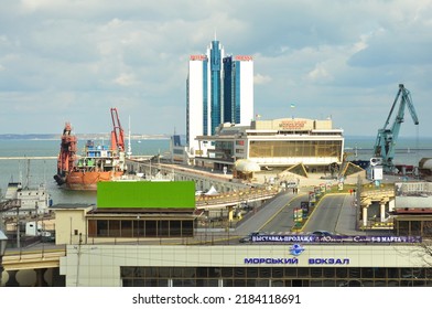 ODESA, UKRAINE - March 04. 2015. International Seaport On The Black Sea. Station Building And Cranes