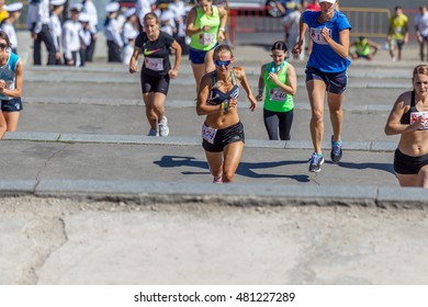 ODESSA, UKRAINE -10 September 2016: Athletes Of All Ages, Fitness Children, Youth, Adults And Elderly Run By Potemkin Stairs  In Physical Sports Holiday, Day Of City. Competition Running Up Stairs