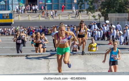 ODESSA, UKRAINE -10 September 2016: Athletes Of All Ages, Fitness Children, Youth, Adults And Elderly Run By Potemkin Stairs  In Physical Sports Holiday, Day Of City. Competition Running Up Stairs