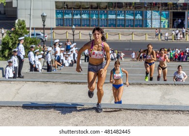 ODESSA, UKRAINE -10 September 2016: Athletes Of All Ages, Fitness Children, Youth, Adults And Elderly Run By Potemkin Stairs  In Physical Sports Holiday, Day Of City. Competition Running Up Stairs