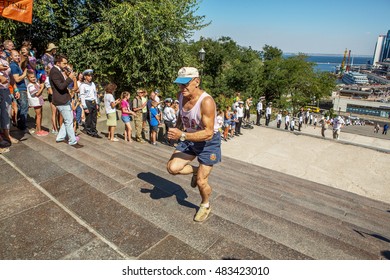 ODESSA, UKRAINE -10 September 2016: Athletes Of All Ages, Fitness Children, Youth, Adults And Elderly Run By Potemkin Stairs In Physical Sports Holiday, Day Of City. Competition Running Up Stairs