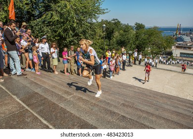 ODESSA, UKRAINE -10 September 2016: Athletes Of All Ages, Fitness Children, Youth, Adults And Elderly Run By Potemkin Stairs In Physical Sports Holiday, Day Of City. Competition Running Up Stairs