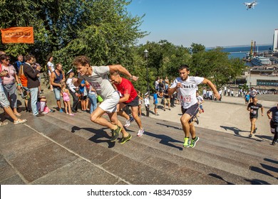 ODESSA, UKRAINE -10 September 2016: Athletes Of All Ages, Fitness Children, Youth, Adults And Elderly Run By Potemkin Stairs In Physical Sports Holiday, Day Of City. Competition Running Up Stairs