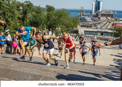 ODESSA, UKRAINE -10 September 2016: Athletes Of All Ages, Fitness Children, Youth, Adults And Elderly Run By Potemkin Stairs In Physical Sports Holiday, Day Of City. Competition Running Up Stairs