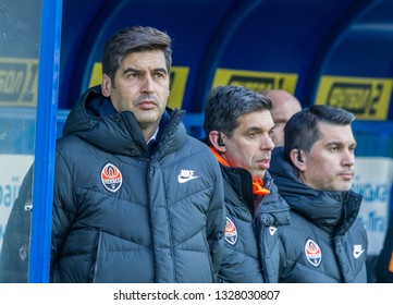 ODESSA, UKRAINE -2 March 2019: Legendary famous football coach Paulo Alexandre Rodrigues Fonseca during match Shakhtar (Donetsk) with Chornomorets. Press conference, comments Head coach Paulo Fonseca