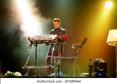 ODESSA, UKRAINE - 20 June 2014: In A Nightclub At A Concert During The Creative Light And Music Show. Stage Smoke On A Club Party. Singer Tina Karol Ukraine And Her Jazz Band