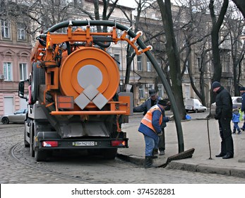 Odessa, Ukraine 8 February, 2016: -: Sewage Truck Running Outdoors - Clean Sewage Overflow, Cleaning Of Pipelines And Potential Problems Of Contamination Of The Storm Water Drain.