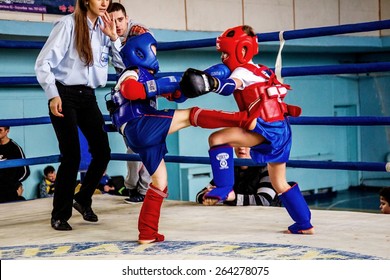 Odessa, Ukraine, April 26, 2015: Cup Ukraine On Thai Boxing Among Children. Kids Boxing, Kickboxing Children. Children Fight With These Adult Emotions. Popularization Of Sports And Healthy Lifestyle