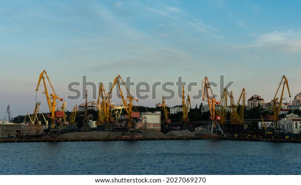 Odessa, Ukraine- August 07,\
2021: the Port of Odessa is the largest Ukrainian seaport and is a\
major freight and passenger transportation hub of\
Ukraine