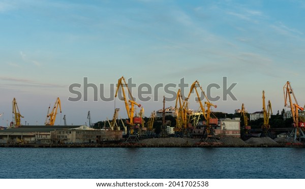 Odessa, Ukraine- August 07,\
2021: the Port of Odessa is the largest Ukrainian seaport and is a\
major freight and passenger transportation hub of\
Ukraine