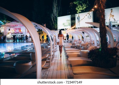 Odessa, Ukraine August 14, 2015: Ibiza Night Club. Interior Of Night Club. Festival Interior On Beach. Summer Festival Party.