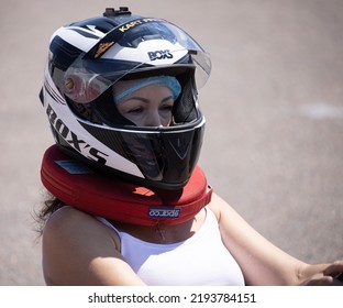 ODESSA, UKRAINE - August 7, 2022: Healthy Lifestyle. Sport Family. Family Vacation At Karting Track. Children With Parents Go In For Motorsports. Karting. Hobbies, Sports Education, Leisure And Lifestyle