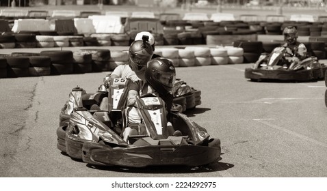 ODESSA, UKRAINE - August 7,2022: Extreme Car Racing. Healthy Lifestyle. Tense Moments Of Race. People Are Into Motorsports. Karting. Hobbies, Sport, Recreation, Lifestyle. Risk And Excitement On Court