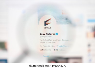 Odessa, Ukraine - December 1, 2020: Sony Pictures Official Twitter Web Page On Screen Through Magnifying Glass