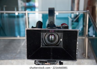 ODESSA, UKRAINE - JUL 16, 2014: Front View Of 35mm Movie Camera, Lens And Matbox, In Interior Lobby Of Odesa Film Studio.