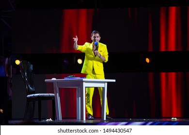 Odessa, Ukraine July 26, 2019: Humorous Show Of Ukrainian President Vladimir Zelensky Laughter League On Stage. Humorous Stand Up Show Liga Smeha