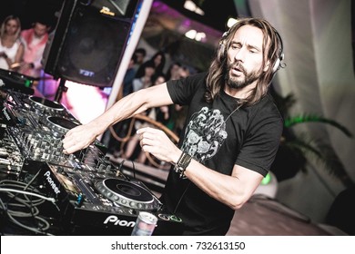 Odessa, Ukraine July 27, 2014: Ibiza Night Club. Dj Bob Sinclar At Work In Luxury Nightclub During Night Party. Dj Make Party Time At Elite Night Club.