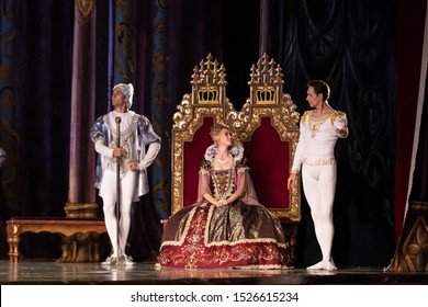 ODESSA, UKRAINE -JULY22, 2019: ballet. Classical ballet on stage of Odessa Opera Theater. Ballet dancers on stage dance classical works of Swan Lake. Form of artistic ball dance on stage of theater