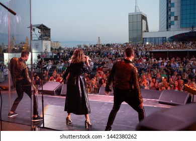 Odessa, Ukraine June 30, 2019: Concert Of Ukrainian Singer NATALIA MOGILEVSKA On Large Open-air Concert Venue. Artist Performs Songs From Stage At Nightclub. Artist On Club Stage During Night Party.