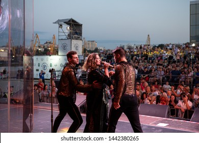 Odessa, Ukraine June 30, 2019: Concert Of Ukrainian Singer NATALIA MOGILEVSKA On Large Open-air Concert Venue. Artist Performs Songs From Stage At Nightclub. Artist On Club Stage During Night Party.