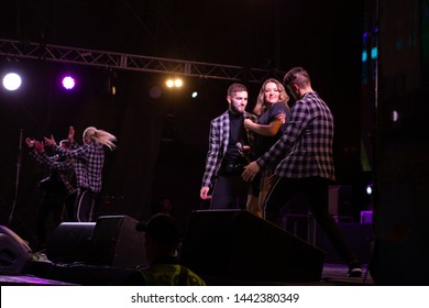 Odessa, Ukraine June 30, 2019: Concert Of Ukrainian Singer NATALIA MOGILEVSKA On Large Open-air Concert Venue. Artist Performs Songs From Stage At Nightclub. Artist On Club Stage During Night Party.