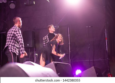 Odessa, Ukraine June 30, 2019: Concert Of Ukrainian Singer NATALIA MOGILEVSKA On Large Open-air Concert Venue. Artist Performs Songs From Stage At Nightclub. Artist On Club Stage During Night Party.