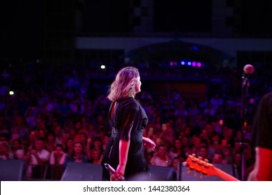 Odessa, Ukraine June 30, 2019: Concert Of Ukrainian Singer NATALIA MOGILEVSKA On Large Open-air Concert Venue. Artist Performs Songs From Stage At Nightclub. Artist On Club Stage During Night Party.