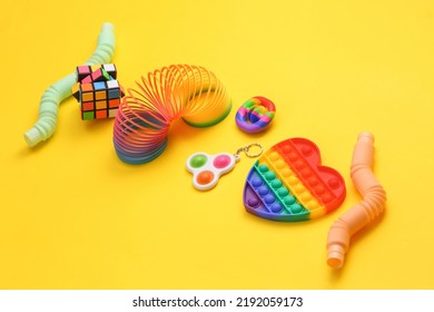 Odessa, Ukraine - June 7, 2022: Different Antistress Sensory Toys On Yellow Background