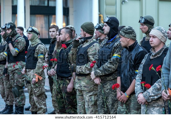 ODESSA, UKRAINE - May 2, 2016: Neo-Nazi\
organizations hold a memorial meeting of all confessions. Nazi\
flags, symbols and theatrical shows in the style of Nazi Germany.\
The coup d\'etat in\
Ukraine