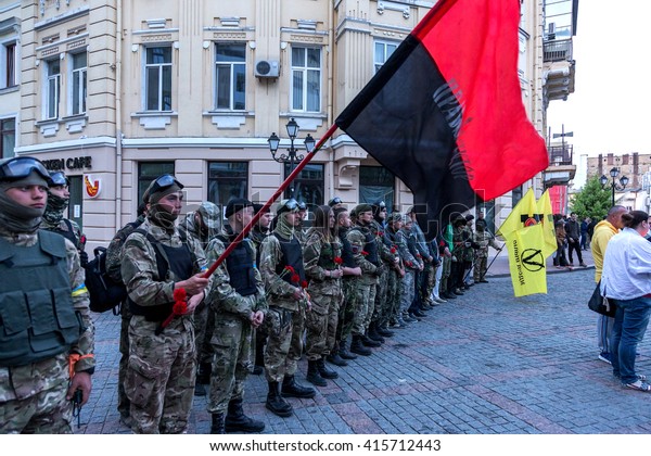 ODESSA, UKRAINE - May 2, 2016: Neo-Nazi organizations hold a memorial meeting of all confessions. Nazi flags, symbols and theatrical shows in the style of Nazi Germany. The coup d'etat in Ukraine