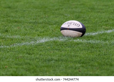 ODESSA, UKRAINE - May 21, 2017: European Rugby Champions Cup UKRAINE (blue) And Sweden (yellow). Rugby Ball On Field. Rugby Match Is A Heavy Fight For Ball. Rugby Players On Field