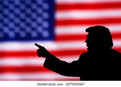 Odessa, Ukraine, November 22, 2021: silhouette of Donald Trump against the background of the American flag.