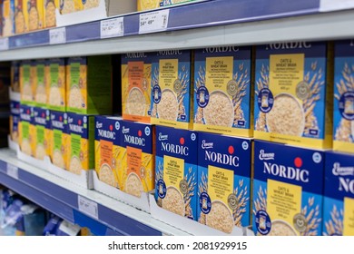 Odessa, Ukraine - November 9, 2021: Showcase With Nordic Brand Instant Porridge. Inside The Metro Cash Carry Supermarket.