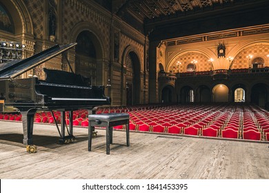 ODESSA, UKRAINE - OCTOBER 11, 2020: Odessa Philharmonic Theater, Sight Of The City. Empty Hall. Grand Piano.