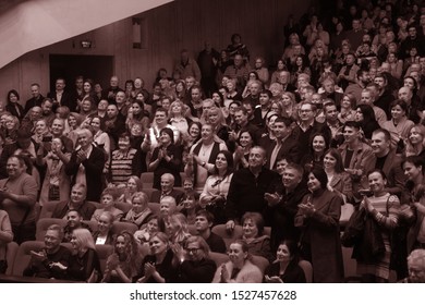 ODESSA, UKRAINE - October 9, 2019: Spectators In The Theater. Spectators Standing Ovation Favorite Artists At The Premiere Of The Play.